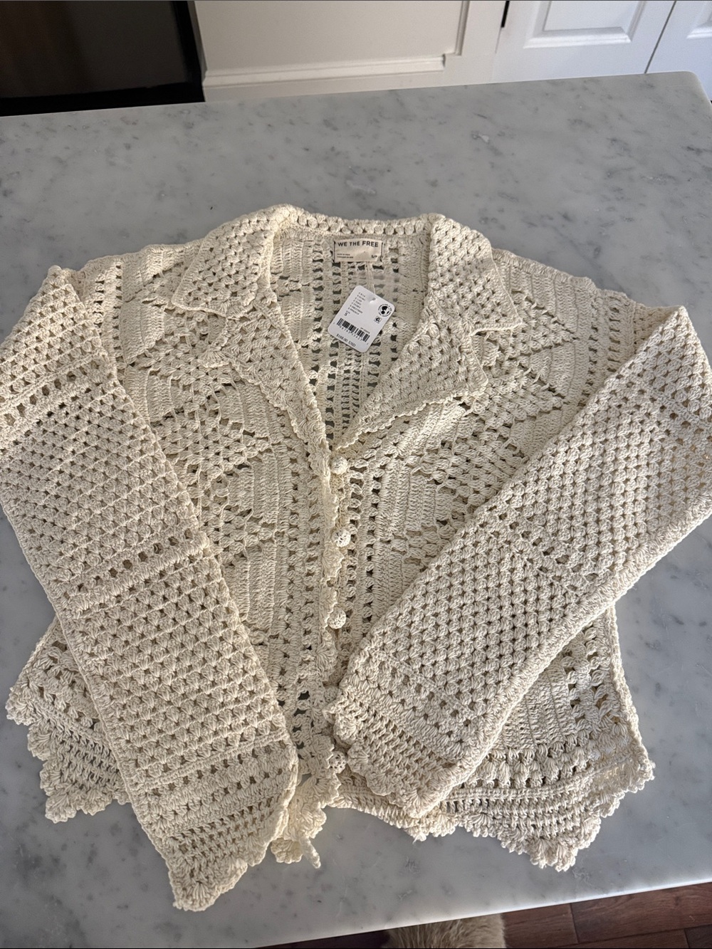 Free People Cream Crochet Button-Up Cardigan
